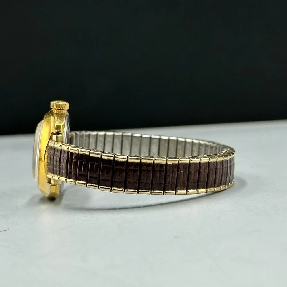 Vintage Timex Watch Women Gold Tone Manual Wind Brown Stretch Band 6.25 Inch